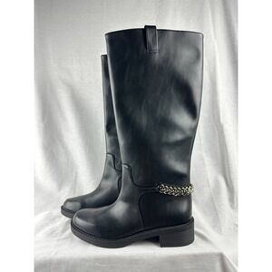 A New Day Women Black Chain Knee High Boots Size 10 Round Toe Zip Up Low Heel